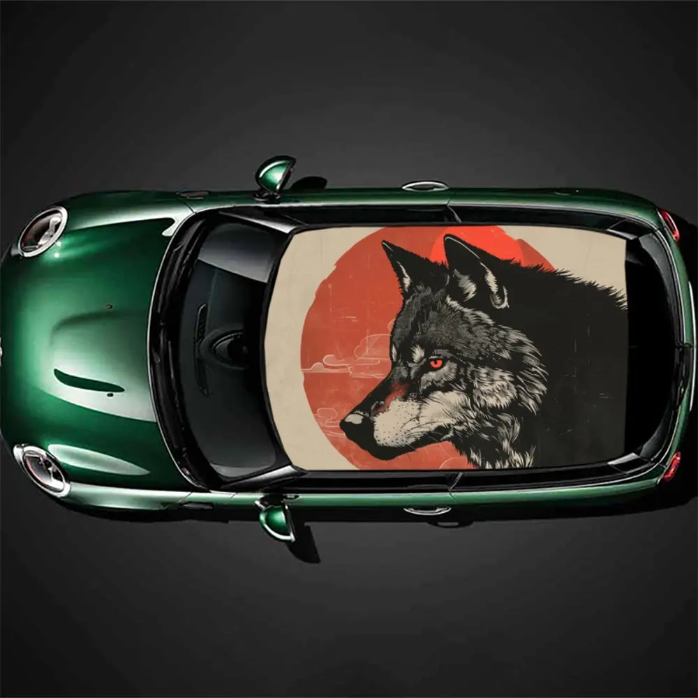 Red Eyed Wolf Revealed Sharp Teeth Car Roof Sticker Wrap Racing SUV Auto Accessories Packaging PVC Car Hood Graphic Decal Decor