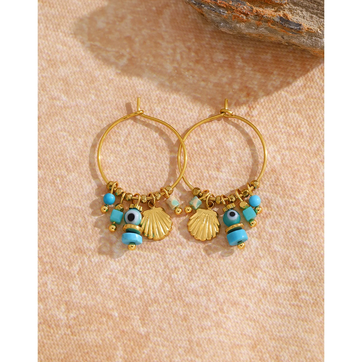 YACHAN Vintage Blue Stone Stainless Steel Hoop Earrings for Women Chic Charms Exquisite 18K Gold Plated Jewelry