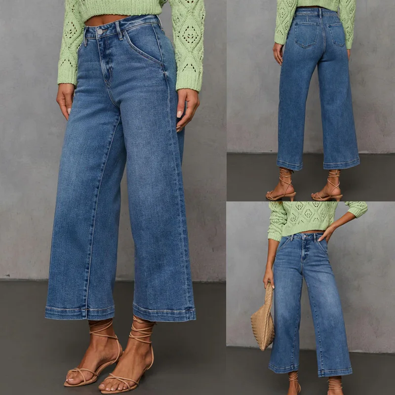 

Wide Leg Pants Jeans Women Vintage Straight Trousers Mid Waist Stretch Washed Distressed Streetwear Denims Ankle Length Trousers