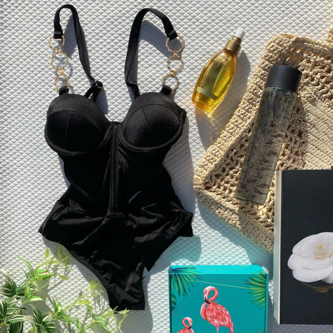 Seksowny strój kąpielowy jednoczęściowy push-up z kwiatowym nadrukiem, falbanki, głęboki dekolt V, strój plażowy, 2025