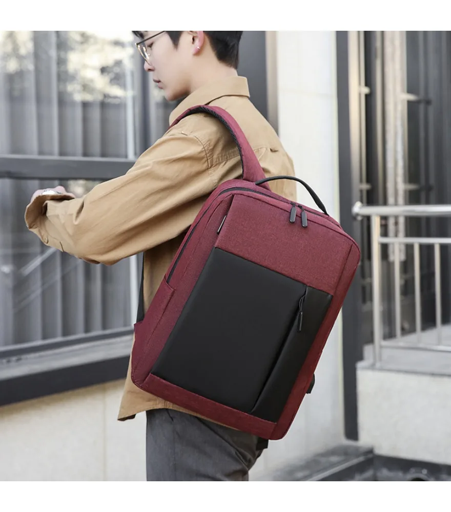 

Black slim square laptop backpack with side USB anti splash for men daily office commute short business travel