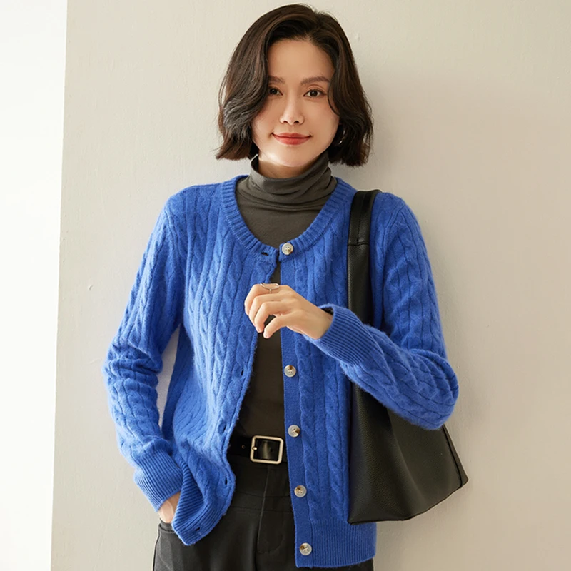 

O-neck Cable Knit Button Cardigan Casual Versatile 2025 Women's Soft Sweater Spring Autumn Winter Female Tops 100% Cashmere Tops