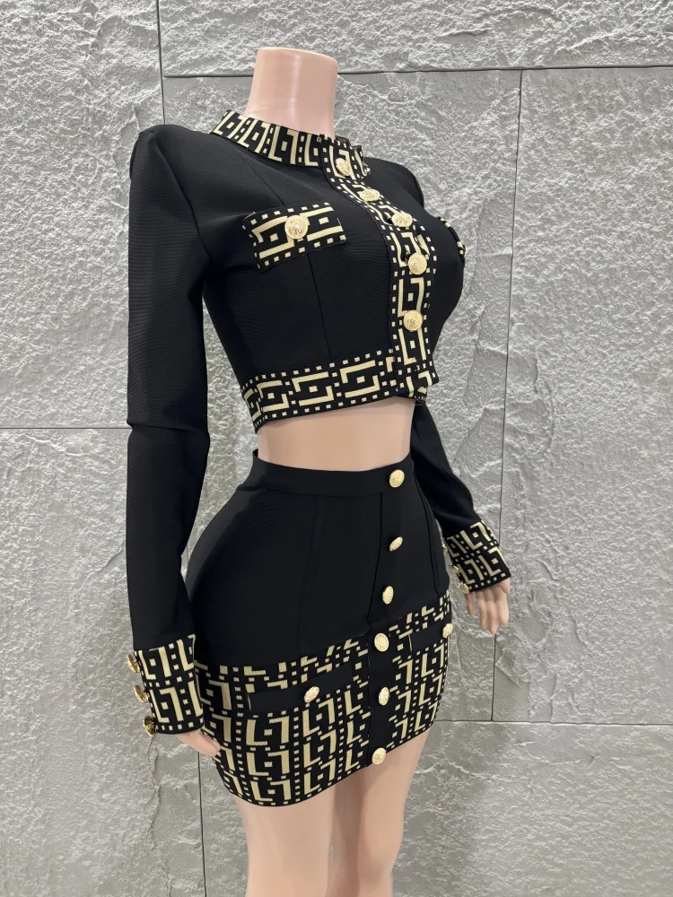 Hot Sale Women Sexy Long Sleeve Button 2 Pieces Bodycon Mini Bandage Dress Birthday Nightclub Party Bar Singer Stage Wear