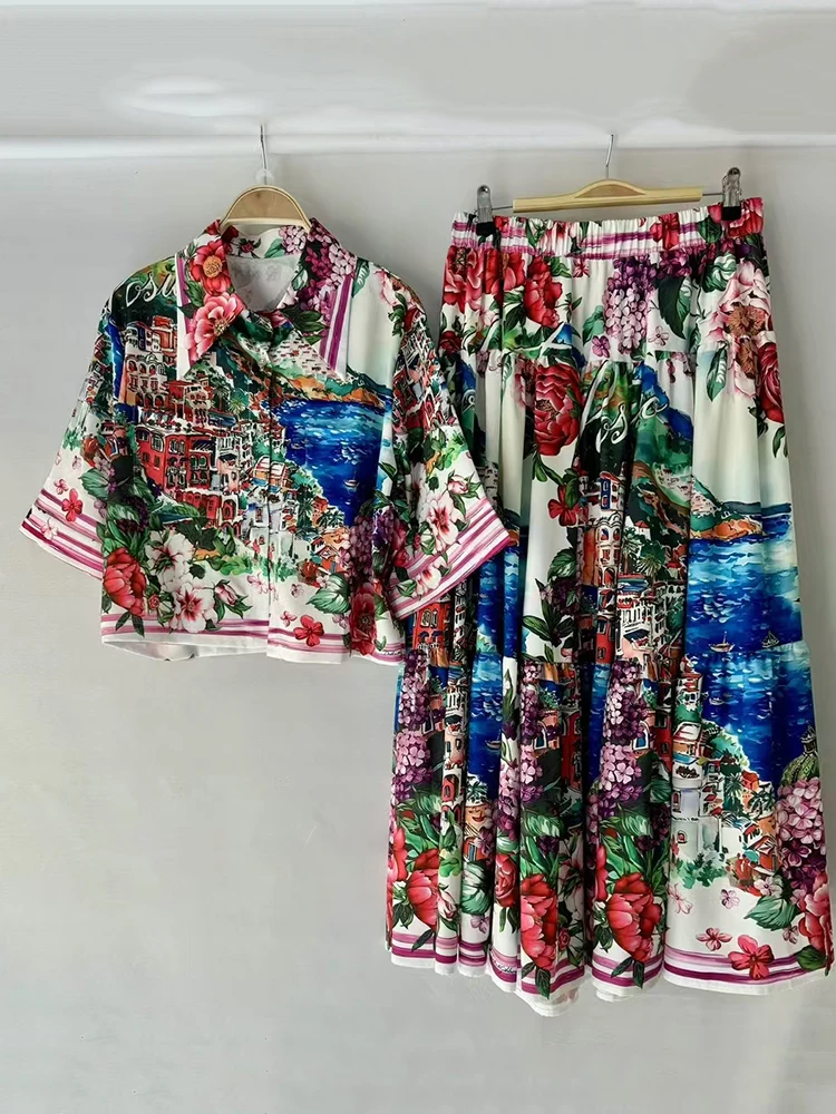 2026 Sommer Damenbekleidung: Retro-bedrucktes Kurzarmhemd mit Revers und lockerer, übergroßer Smock-Rock – Modisches Zweiteiler-Set