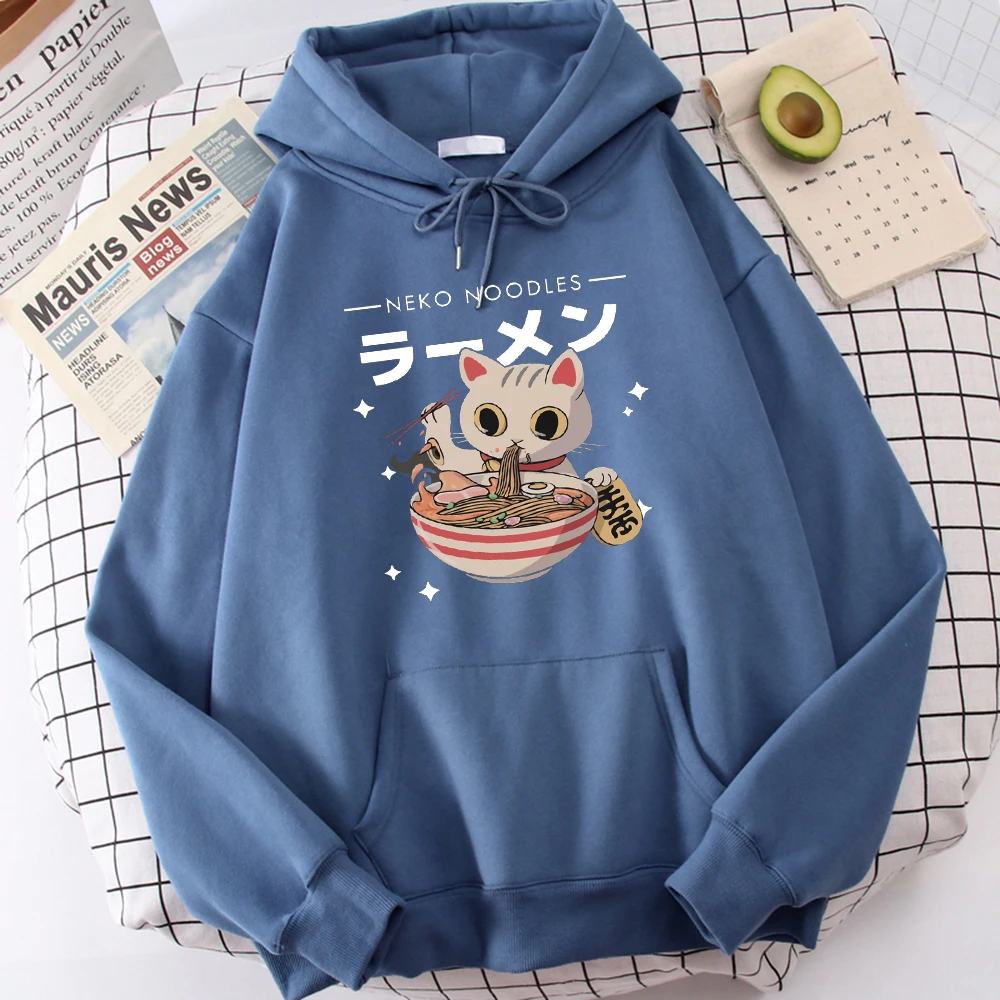 Harajuku Cat Neko Noodles Ramen Design Woman Pullovers All-Match Street Hoodies Hip Hop Fleece Hoody Autumn Fashion Sportswear