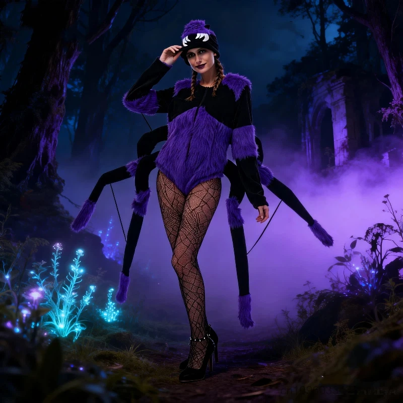 Women Gothic Spider Halloween Party Costume Purple Fuzzy Bodysuit with Spider Hat Scary Witch Carnival Insect Cosplay Clothes
