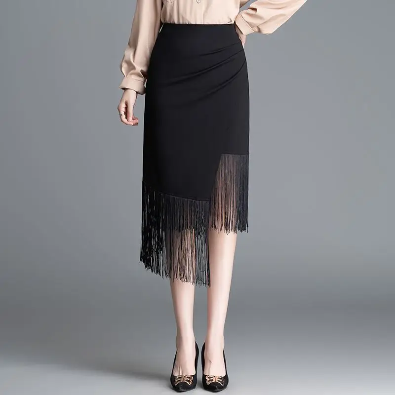 Spring and Autumn Irregular Design Folded Fashion Skinny Splicing Short Tassel Skirt High Waist One-step Skirt Medium and Long