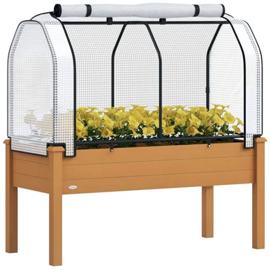 Outdoor Elevated Wood Planter Box For Herbs And Vegetables, PE Greenhouse Cover, Sand Color, 48X22X46 Inch, Patio Backyard Balc