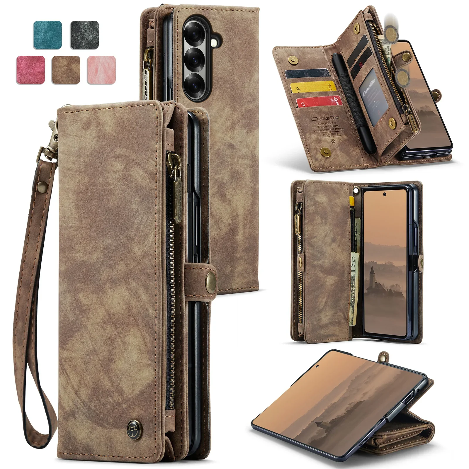 

Caseme-008 Busniess Wallet Case For Samsung Z Fold 7 6 5 Card Holder Zipper Leather with Strap Pen Block Full Protective Cover