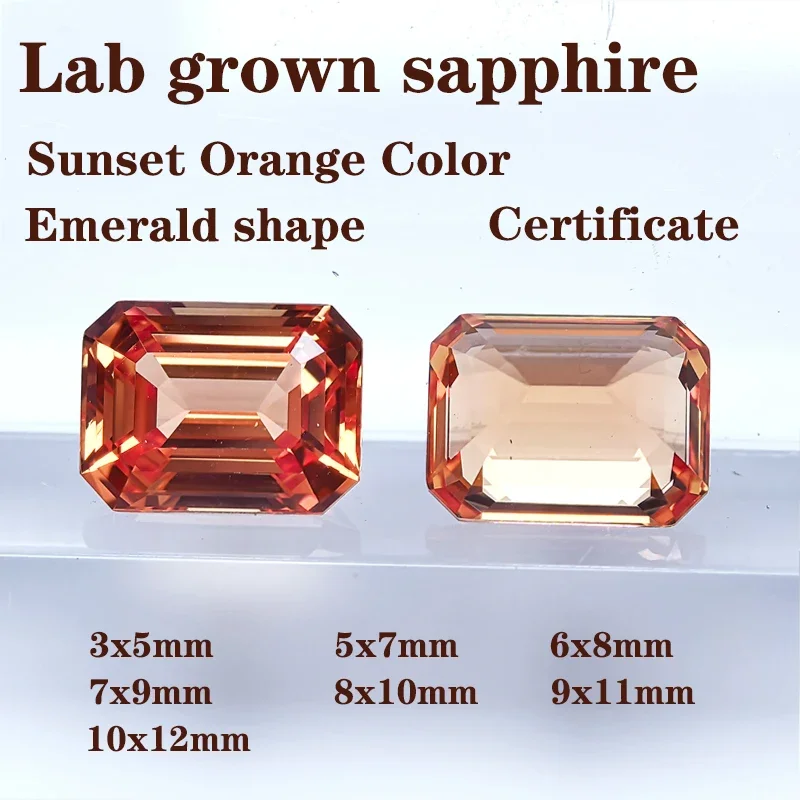 

Lab Grown Sapphire VVS1 Sunset Orange Color Emerald Cut DIY Advanced Jewelry Making Materials with Certificate Wholesale