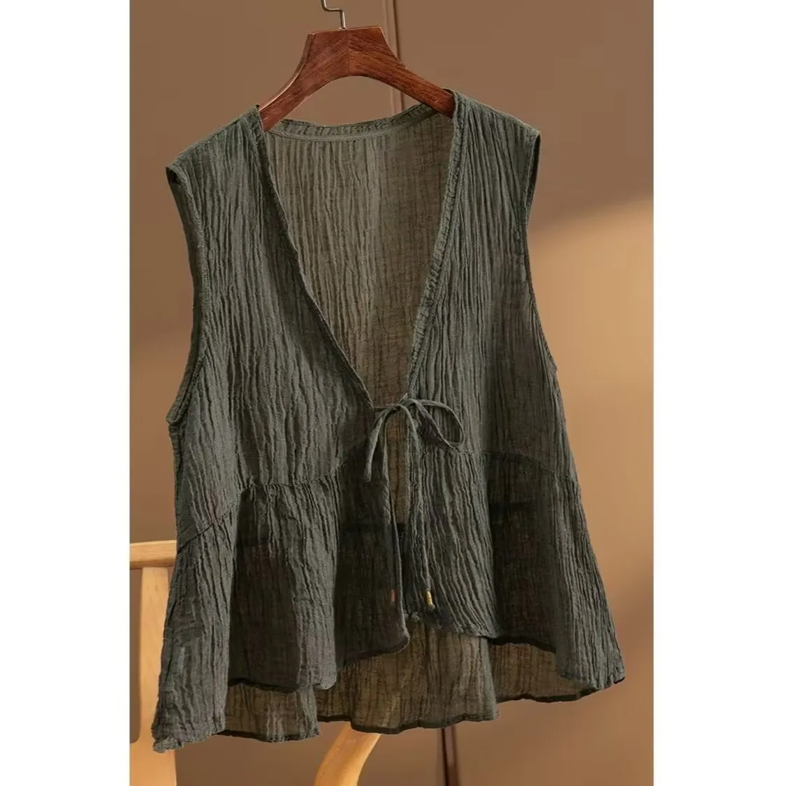 Womens Linen Vest V Neck Lace up Waistcoat