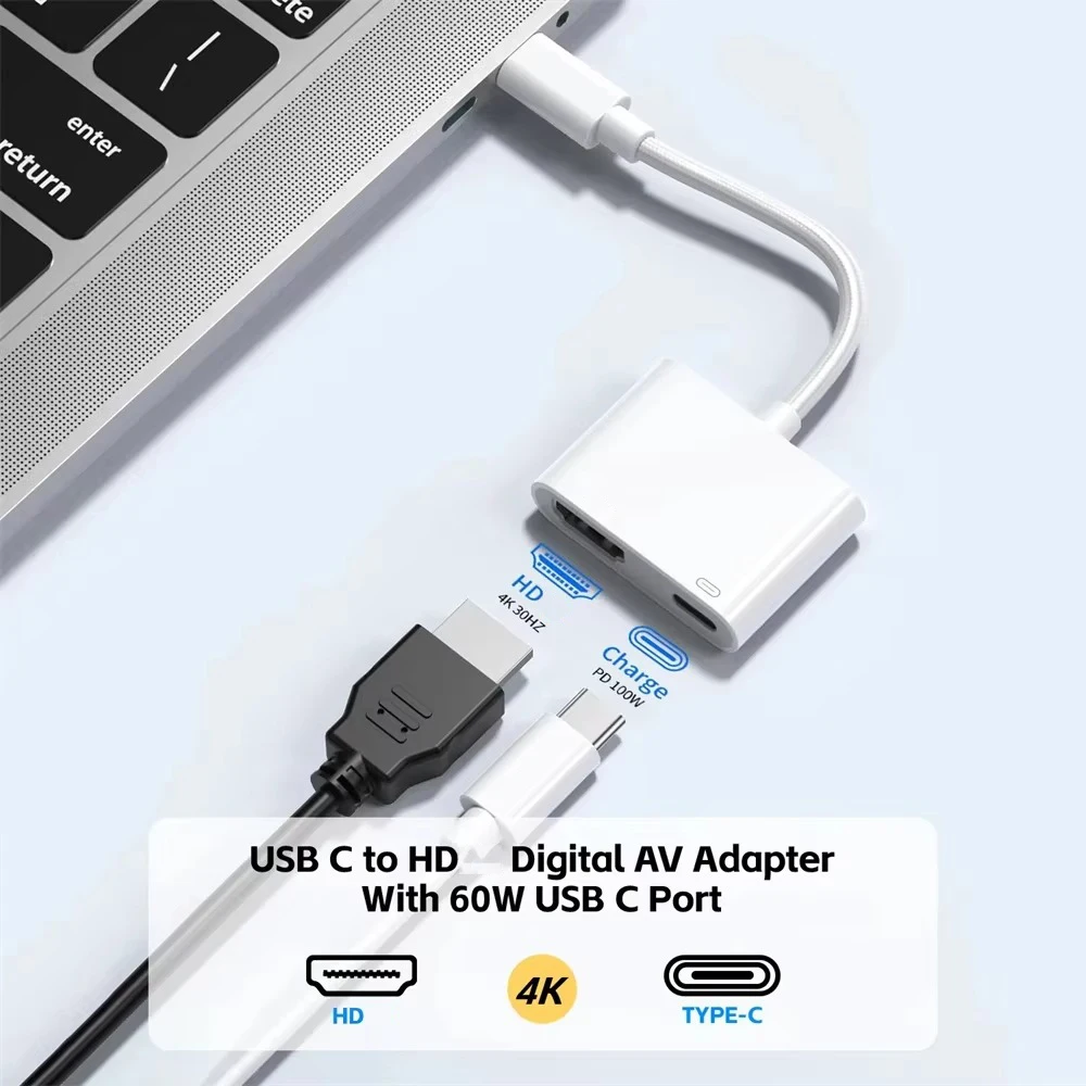 2 IN 1 Type C HUB To HDMI-Compatible Cable Adapter Splitter USB C 4K PD 60W Fast Charging For iPhone 15 MacBook Samsung