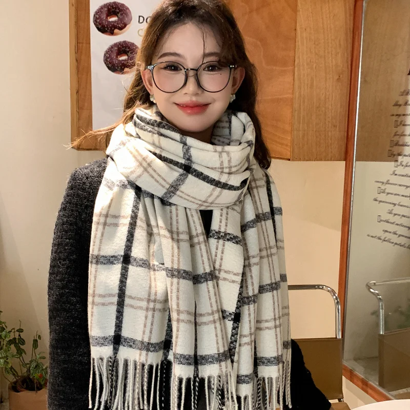 

Новый японский ретро клетчатый шарф из искусственного кашемира для студентов и пар, зимний утолщенный теплый шарф с высококачественной шалью