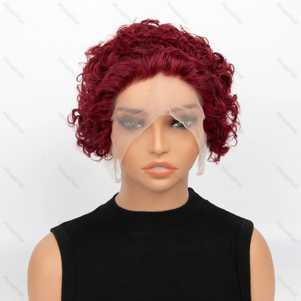 99Jピクシーカットウィッグ人毛ショートカーリーレースフロント人毛ウィッグブラジルウォーターウェーブボブウィッグ13x1透明レースウィッグ