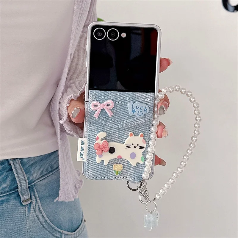 Джинсовый чехол для телефона Kawaii Cat Puppy Card Bag для Samsung Galaxy Z Flip 7 6 5 Flip6 Flip5 с цепочкой, милые чехлы ZFlip7 Funda