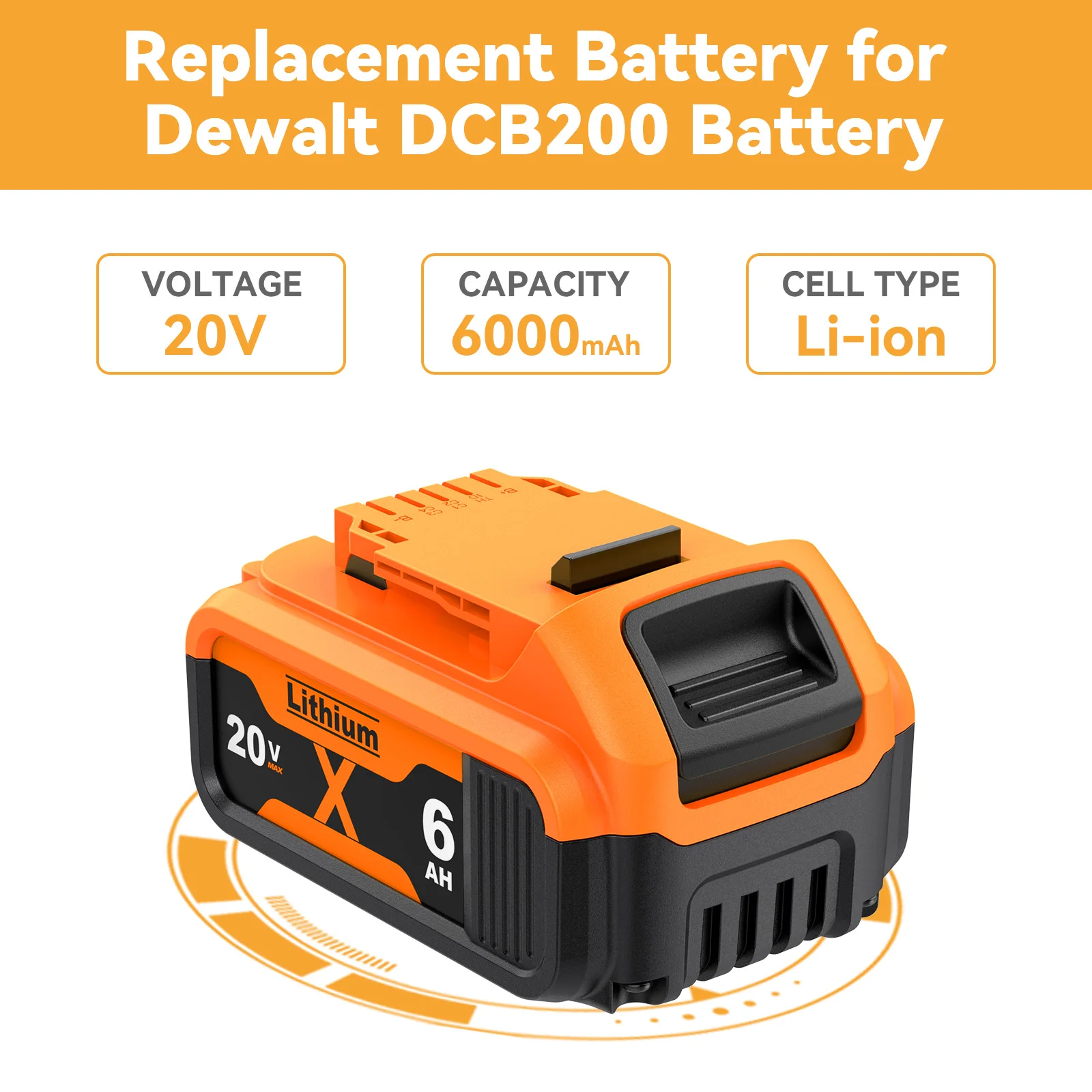 Turpow DCB200 20V 6000mAh Lithium Replacement Battery For Dewalt 18V DCB184 DCB200 DCB182 DCB180 DCB181 DCB182 DCB201 DCB206