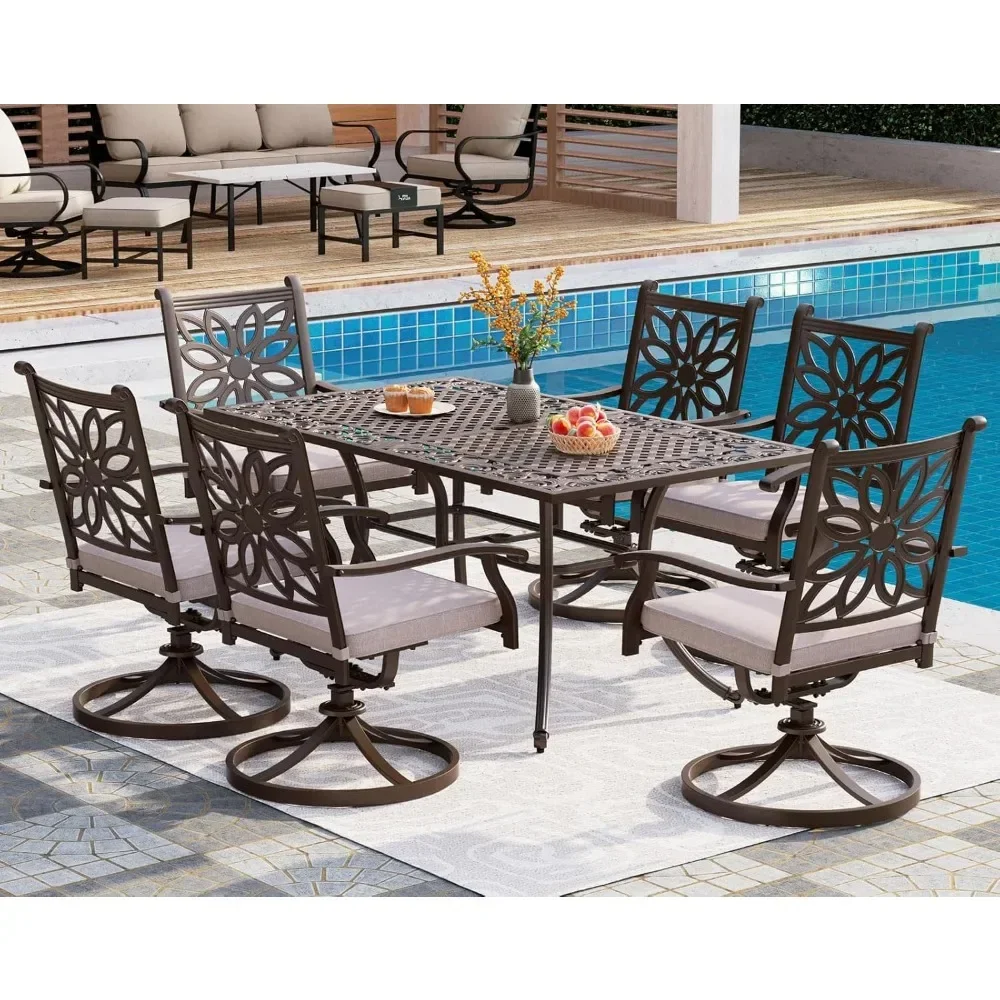 Aluminum Patio Dining Set,with Cast-Top Aluminum Table and 6 Swivel Rockers Dining Chairs with Cushions,7Piece Outdoor Patio Set