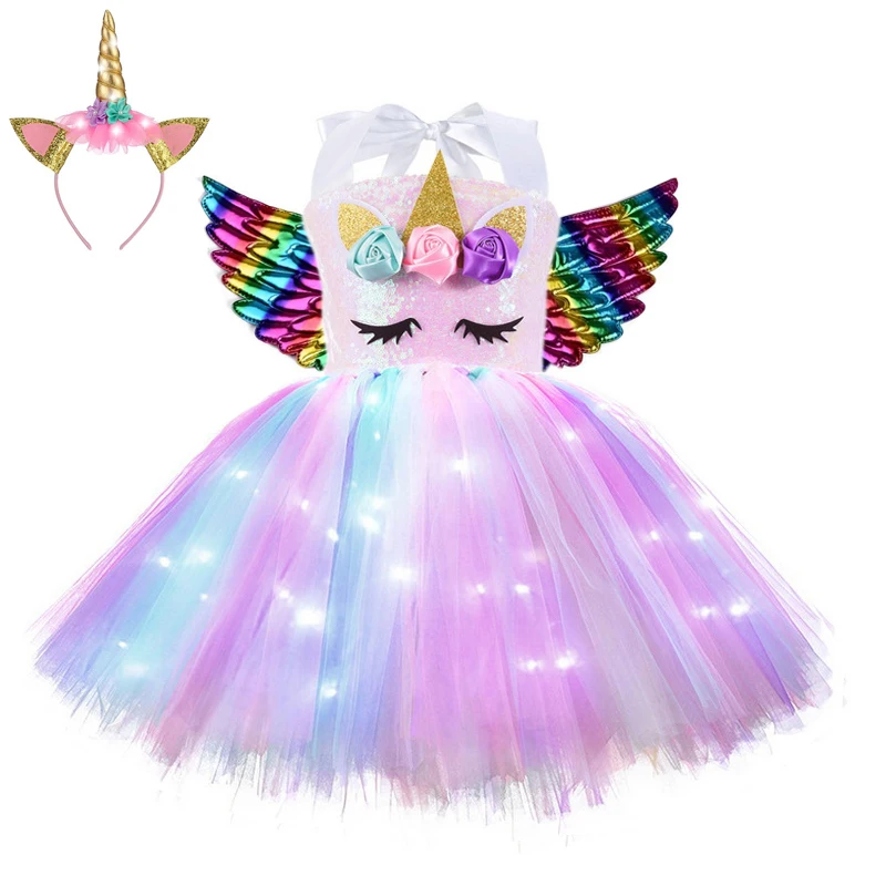 Ragazze Halloween incandescente unicorno Costume bambini paillettes arcobaleno festa di compleanno luci a LED Tutu abiti principessa costumi Cosplay