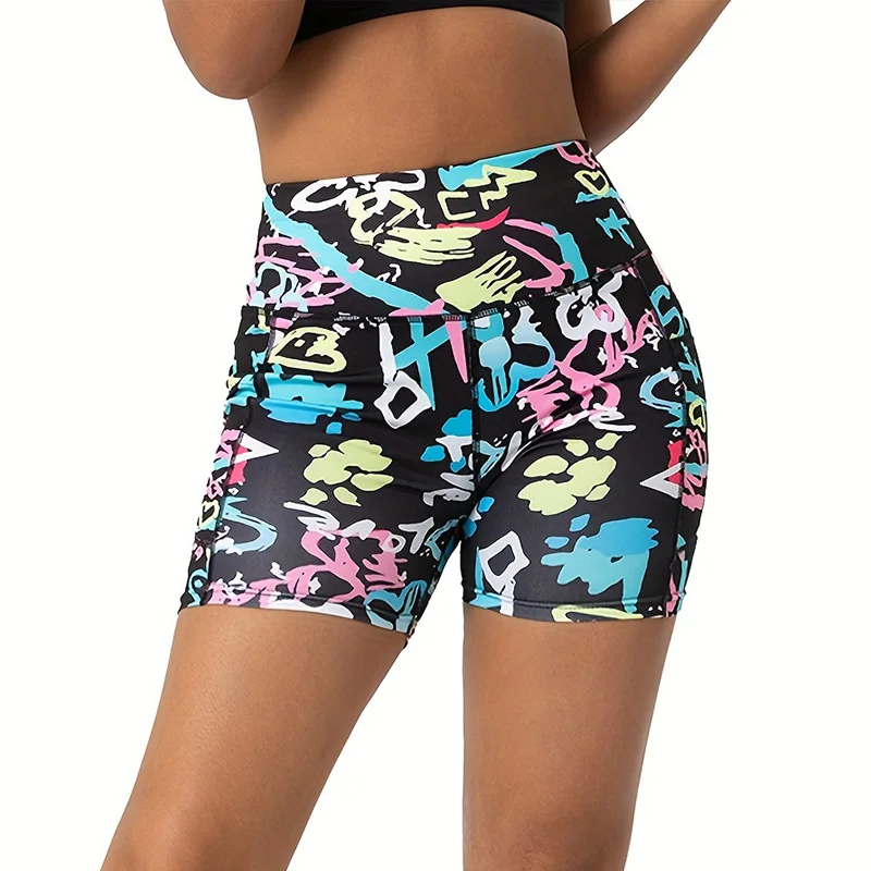 Printed High Waisted Biker Shorts for Women Tummy Control Fitness Athletic Workout Running Yoga Gym Shorts