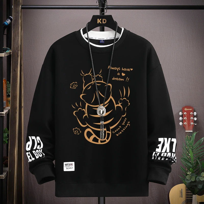 

Осень 2024, новый мужской свитшот, топ в японском стиле, забавный топ с мультяшным котом, черная футболка с круглым вырезом и длинными рукавами, мужская одежда