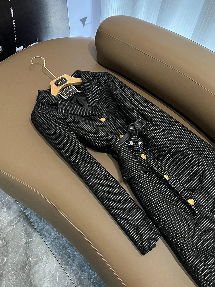 Jesienno-zimowy biały wyszczuplający długi garnitur z kołnierzykiem, styl francuski, elegancki, do pracy, inne materiały00%