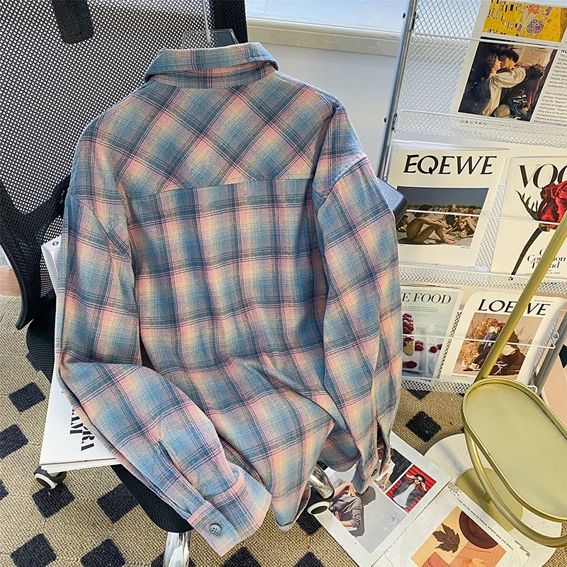 

Клетчатая свободная повседневная одежда irt ex в Корейском стиле в стиле ретро, осенняя верхняя одежда с длинным светом и квадратным воротником, молодежная мода