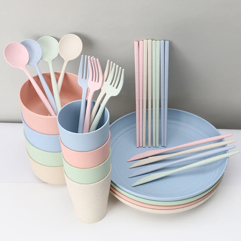 28pcs/Set Wheat Straw Nature Material Tableware Household Tray Anti-drop Spoons Bowls Cups Plate Forks Chopsticks Kit