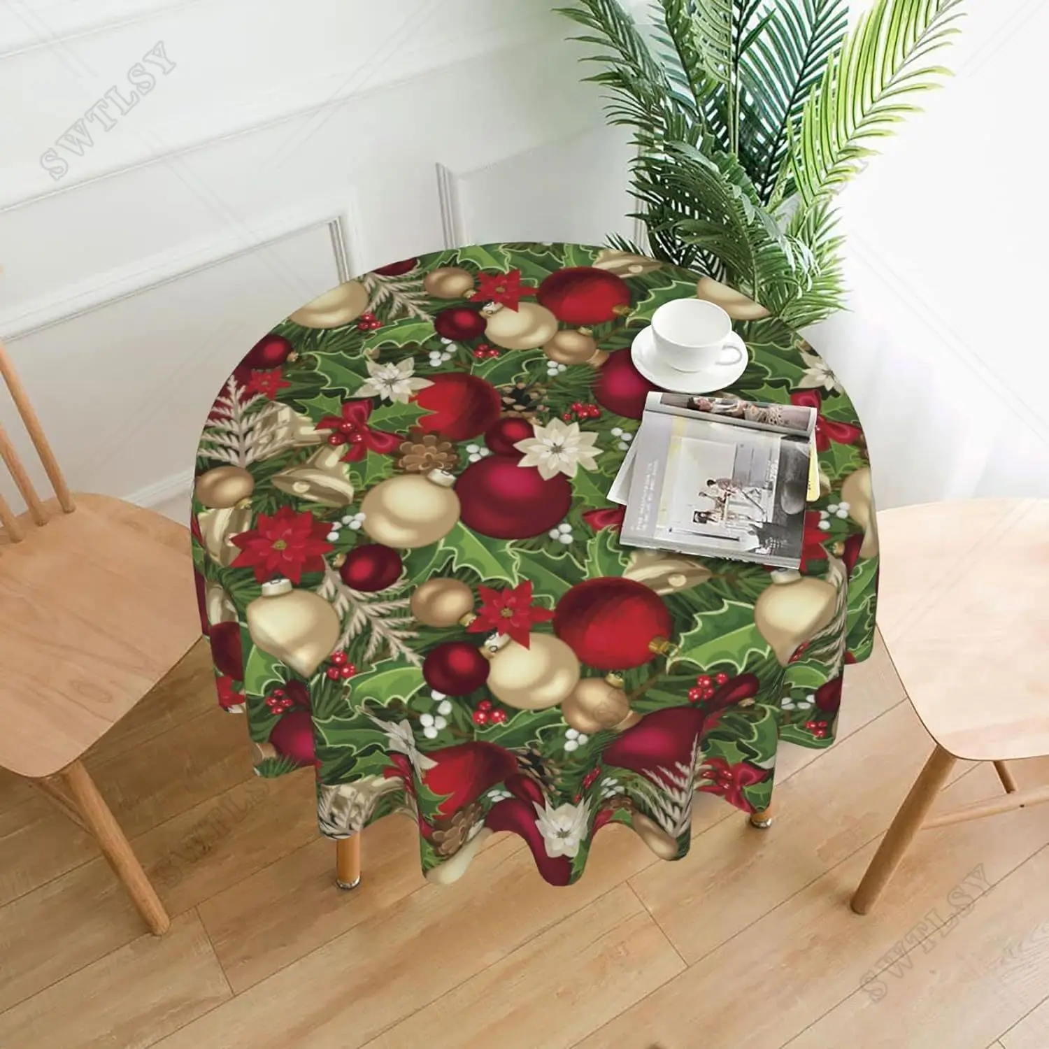 Blooming Poinsettia Holly Berry Christmas Pattern Tablecloth Round 60 Inch Water Resistant Washable Polyester Circle Table Cover