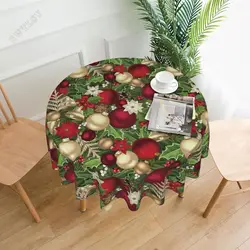 Blooming Poinsettia Holly Berry Christmas Pattern Tablecloth Round 60 Inch Water Resistant Washable Polyester Circle Table Cover