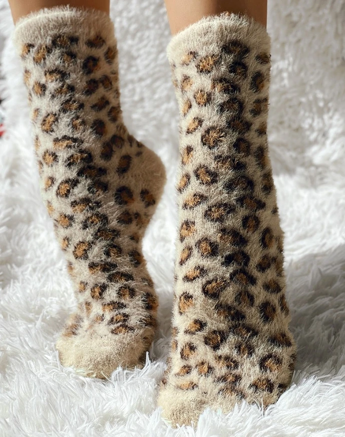 

Women Stockings Daily Casual Leopard Print Fluffy Socks 2024 Winter Warm Thick Fuzzy Cozy Slipper Socks