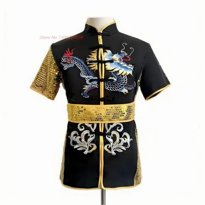 

2025 chinese children kung fu uniform wushu dragon embroidery sequin martial arts training exercise practice stage performance