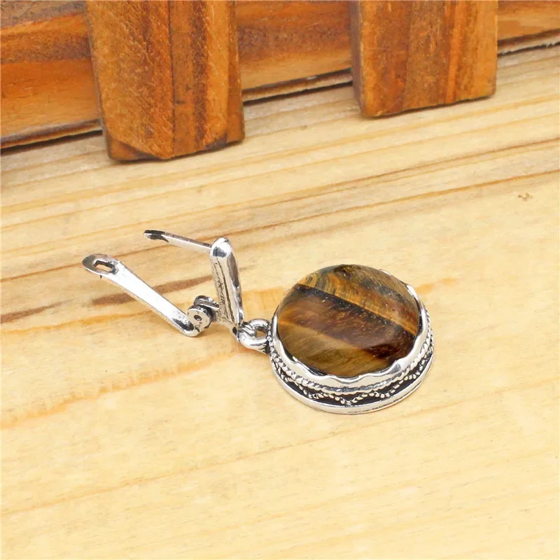 Round Natural Tigers Eye Earrings Antique Silver Plated Vintage Look Earrings Fashion Jewelry TE178