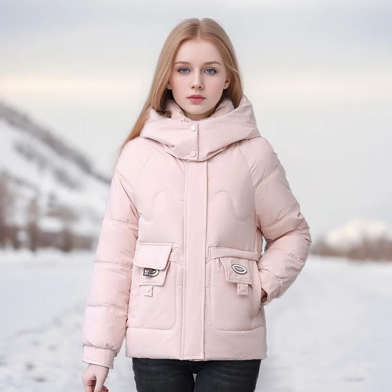 

Winter Lady's Padded Coat Solid Double Button Hooded Printed Zipper Quilted Jacket For Women Cropped Versatile Female's Coat