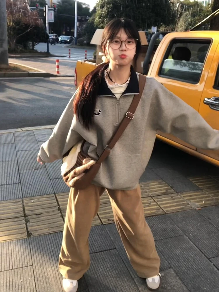 Retro American College Sle Farbe Blo Kragen f Zipper Hoodie frauen Frühling Herbst Neue Paar Keine Kappe High-End-Top