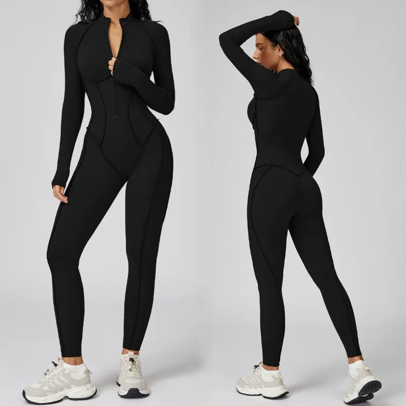 

Женский комбинезон для йоги с длинными рукавами и воротником-стойкой на молнии, цельный костюм для тренировок высокой интенсивности контрастного цвета, спортивный костюм для фитнеса