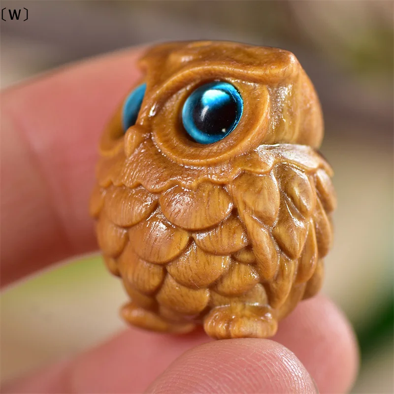 〔W〕Mini Wood Carving Owl Green Sandalwood Ornament Lovely Creative DIY Pendant Table Decoration Children Commemorative Gift