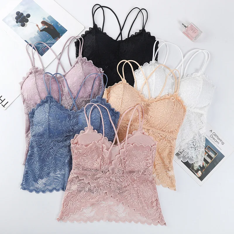 Long lace cross back camisole vest without steel ring chest cushion worn inside outside back wrapped chest strapless tank tops