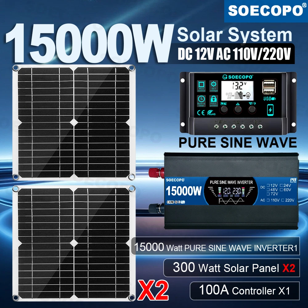 

SOECOPO 15000W Pure Sine Wave Solar Power Kit 2 Pieces 300W Solar Panels 100A Charge Controller 12V DC to 110V 220V AC Inverter