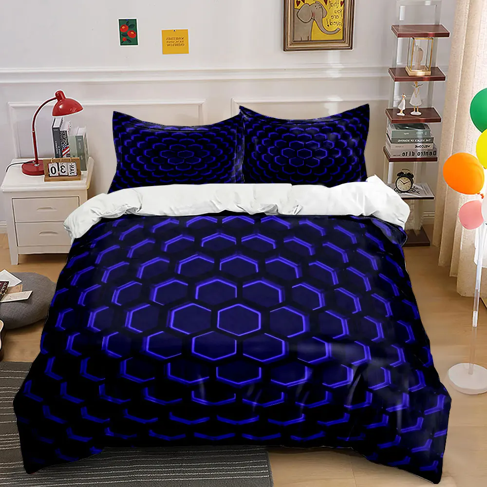 3D Hexagonal Blue Glowing Grid Pattern Duvet Cover Set Digital Print Colorful Polyester Bedding with Zipper Closur for kids gift