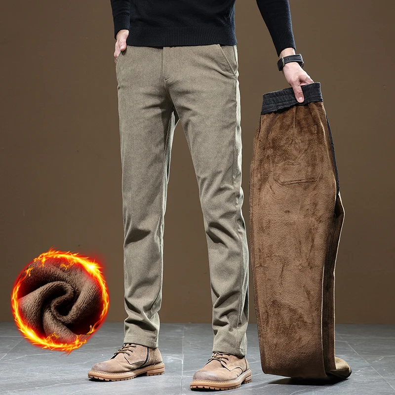 2024 New Winter Fleece Warm Corduroy Pants Men Business Fashion Slim Fit Stretch Thicken Gray Khaki Fluff Casual Trousers Male