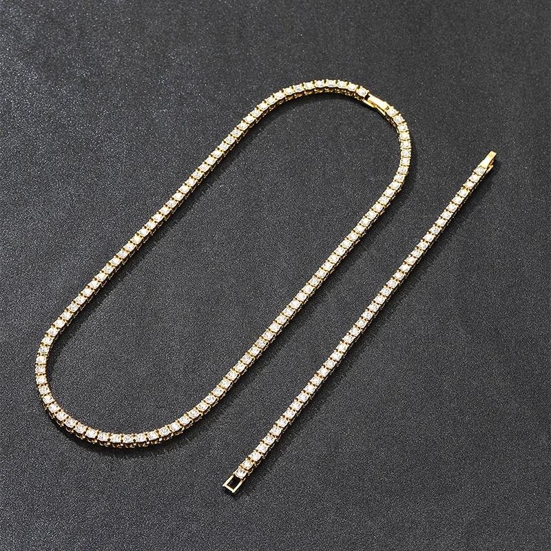 Hip Hop Iced Out Tennis Bracelet Necklace Men 4mm Tennis Chain Fashion Gold Color Jewelry Women Link 18/20inch Choker Wholesale