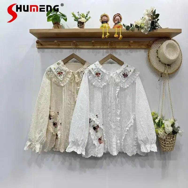 Japanese Mori Girl Style Sweet Lace Splicing Lace-up Doll Collar Long Sleeve Embroidery Loose Casual Blouse Shirt Women Autumn