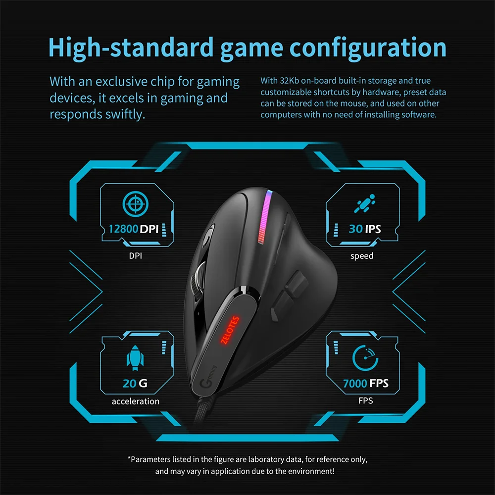 ZELOTES T-50 Mouse Wired Vertical Mouse USB 9  Buttons Ergonomic 12800DPI Adjust Optical RGB Gaming Mouse for PC Laptop Computer