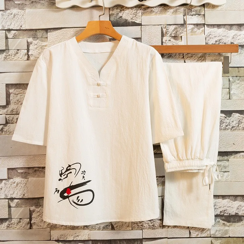 Chinese Style Linen Cotton Tshirt+Shorts Men Harajuku T Shirt 2024 Summer Mens Linen Solid Casual Men Short Sleeve T shirts