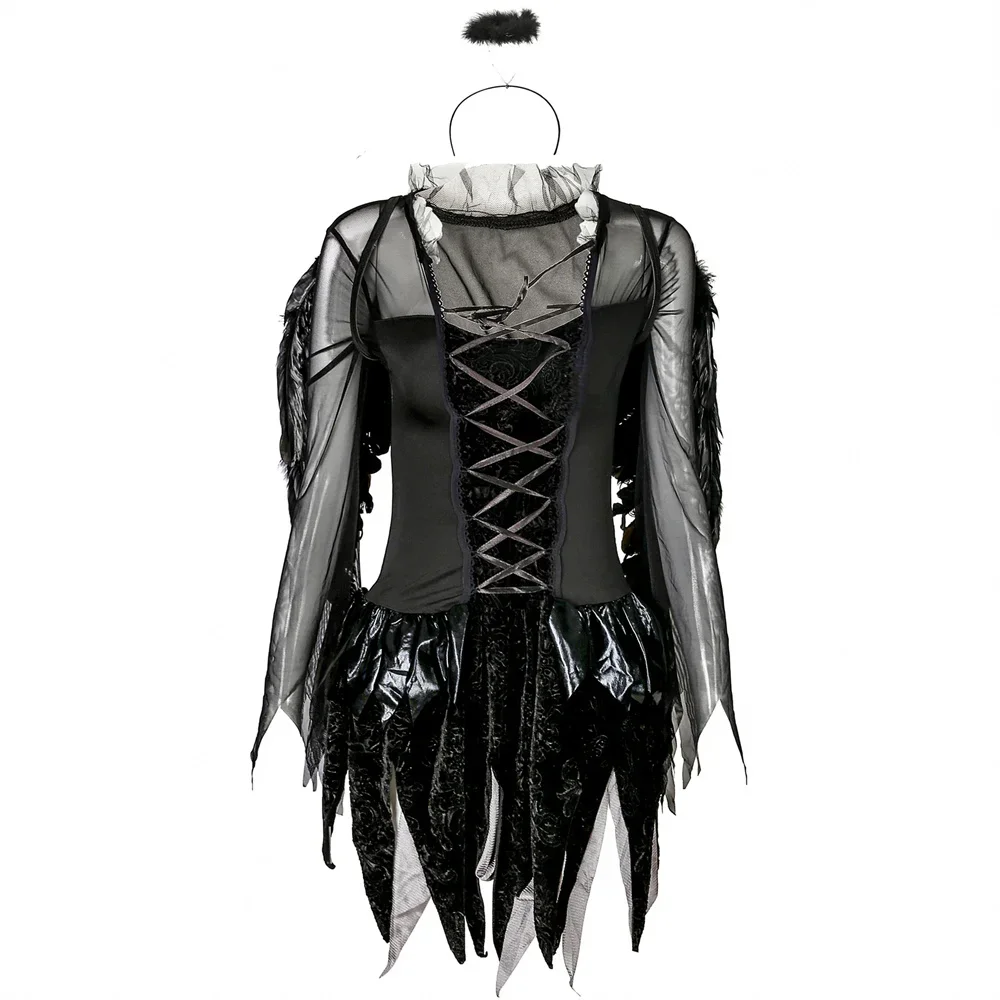 Halloween Dark Fallen Angel and White Angel Cosplay Costume  Carnival Party Women Sexy Mini Dress With Halo And Wings Sets