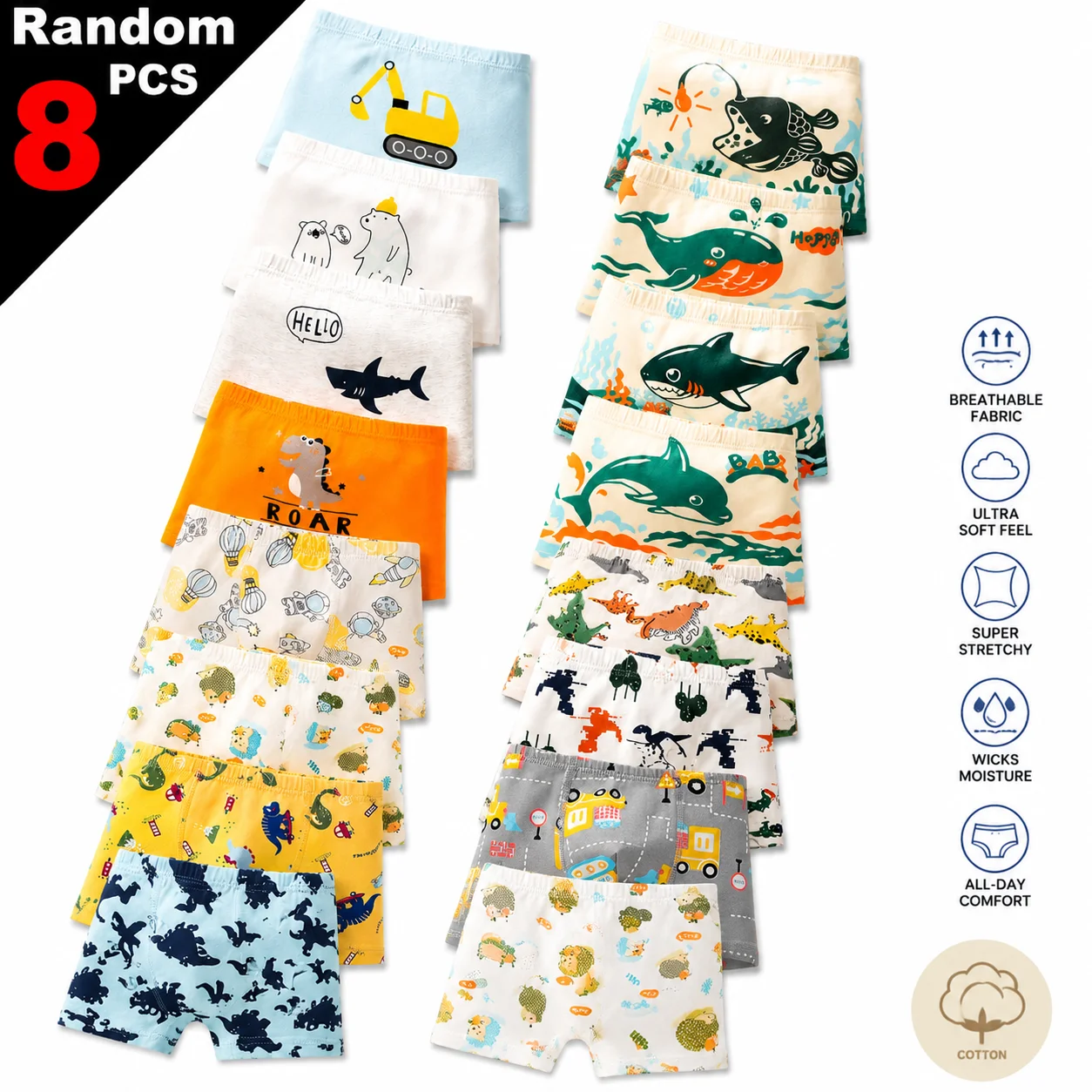 Random 4/8 Pcs/lot Cotton Boys Boxers Children's Underwear Shark Dinosaur Excavator Various Cartoon Printed Boys Boxer Shorts