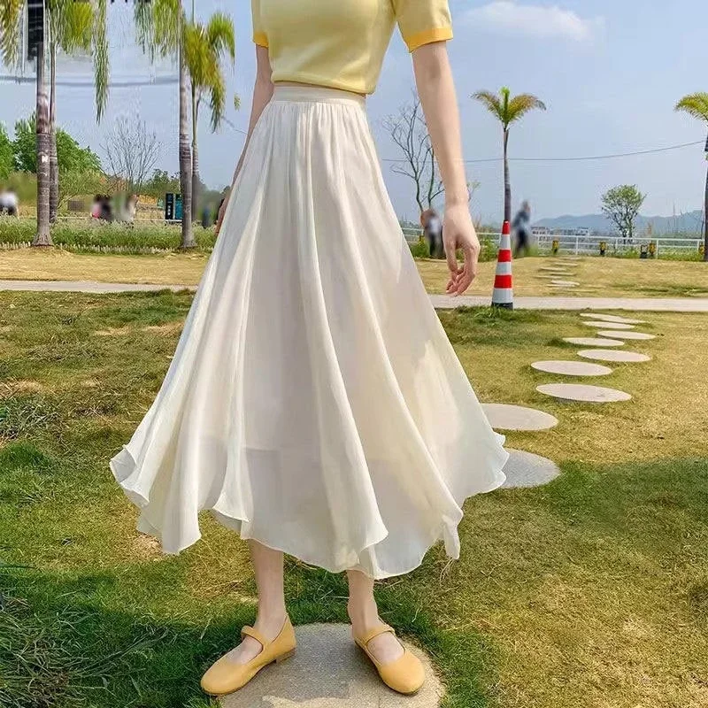 

Women's Flowy Chiffon Midi Skirt High Waist Irregular Hem A-line Fairy Skirt