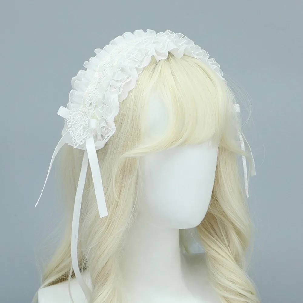 New Gothic Lolita Headband Lace Ruffled Love Heart Cosplay Headdress with Hairpins Ribbon Headwear Women
