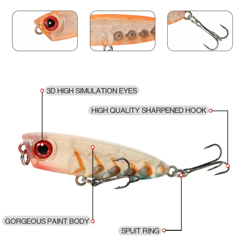 45mm 3g New Topwater Popper Fishing Lure Fishing Sinking Sea Hooks Bait 2 Treble Hooks Artificial Fishing Hard Bait Pencil