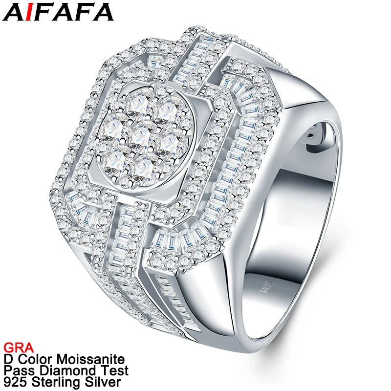 Anillos de Diamantes Moissanite Color D VVS para Hombre, Impresionantes Anillos de Plata de Ley s925 con Moissanite, Anillo de Lujo para el Dedo, Joyería Fina